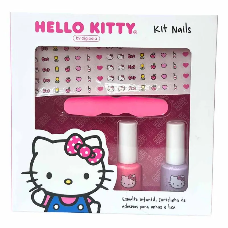 Digibela by Hello Kitty Nails Kit - Cartela de Adesivos + 2 Esmaltes + Lixa de Unhas Tutti Frutti e Marshmallow