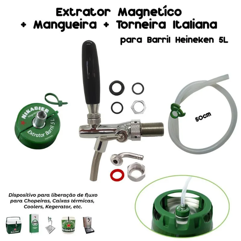 Torneira Italiana + Extrator Barril Heineken + Mangueira