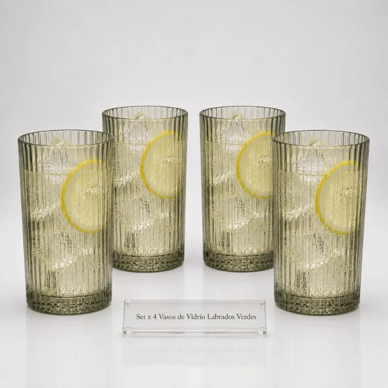 Set x4 Vasos Vidrio Alto Labrado Tragos 400 ml Verde Aston