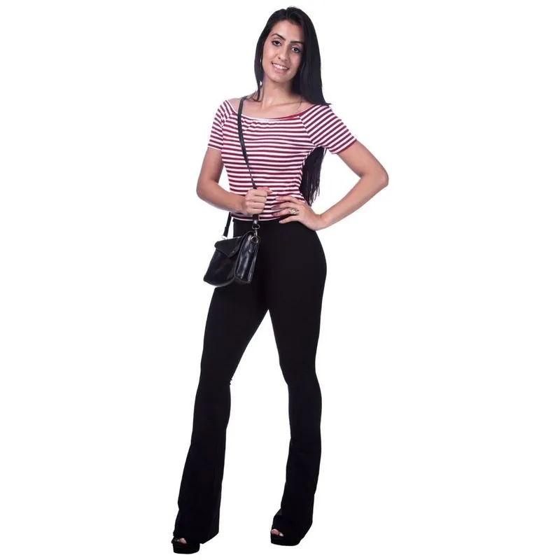 Calça Flare Bandagen Cintura Alta boca de Cino Preta P Calça Flare Bandagem Preta