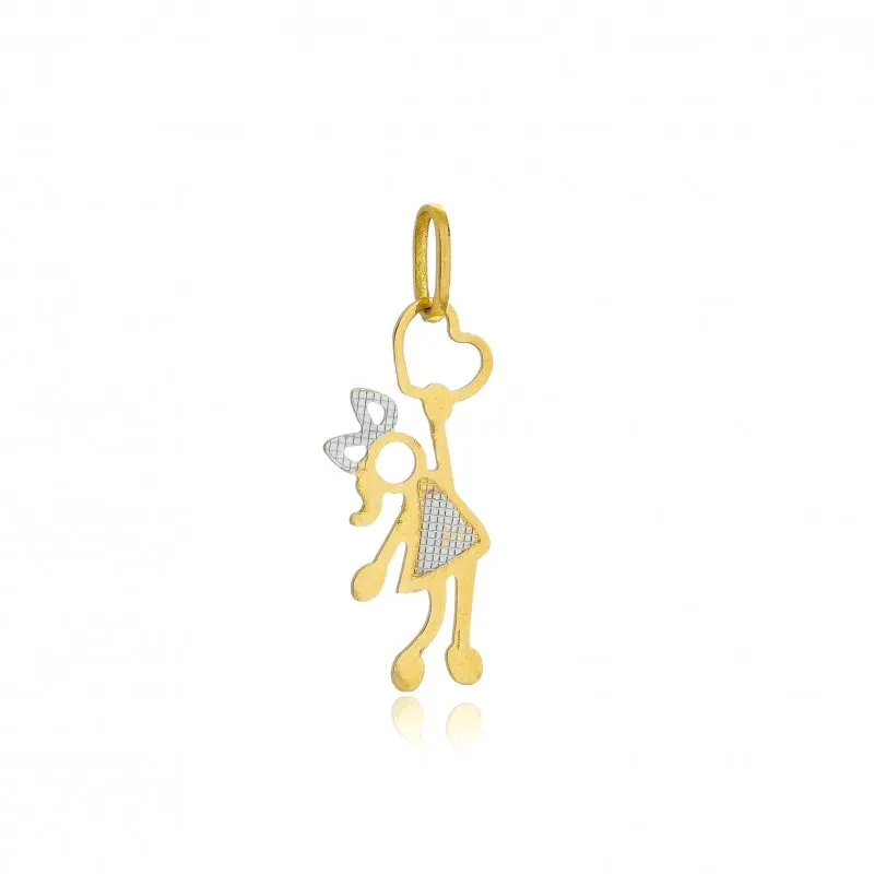 Pingente Em Ouro 18k Menina Coração 2 Cores