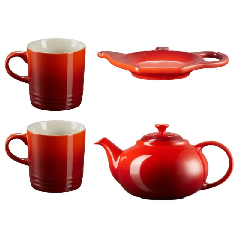 KIT LE CREUSET BULE CLÁSSICO 1,3L SUPORTE P/ SACHÊS E 2 CANECAS PARA CHÁ 350ML VERMELHO