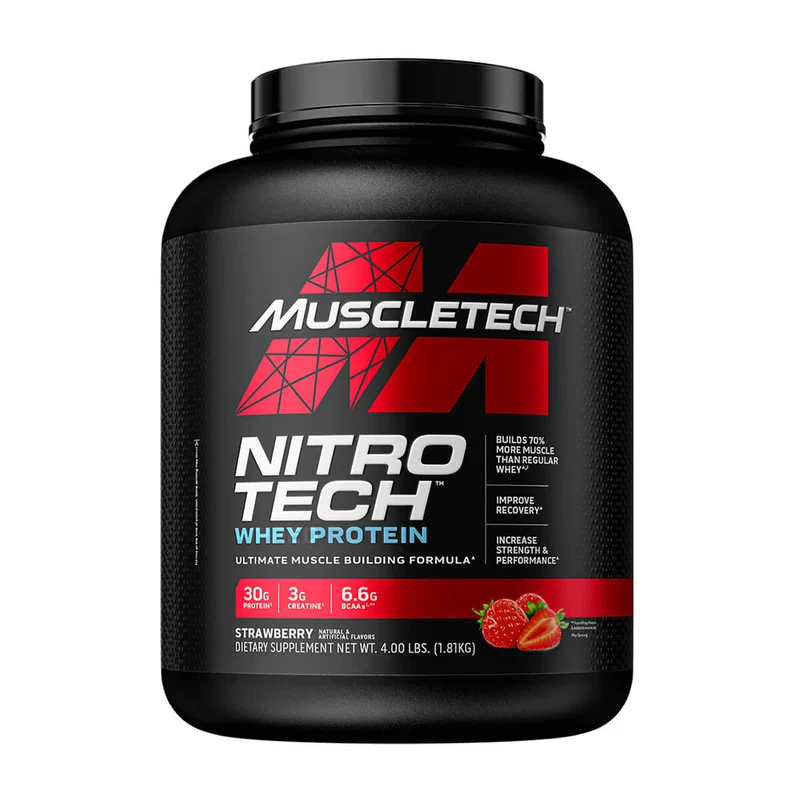 Nitro Tech, Muscletech Whey Protein 4 Lb, Hidrolizada FRUTILLA