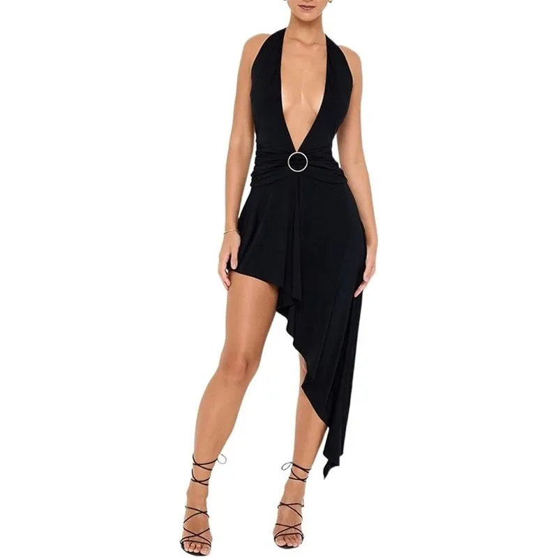 Vestido feminino Bodycon com decote em V profundo, sem encosto, irregular, estilo Y2K