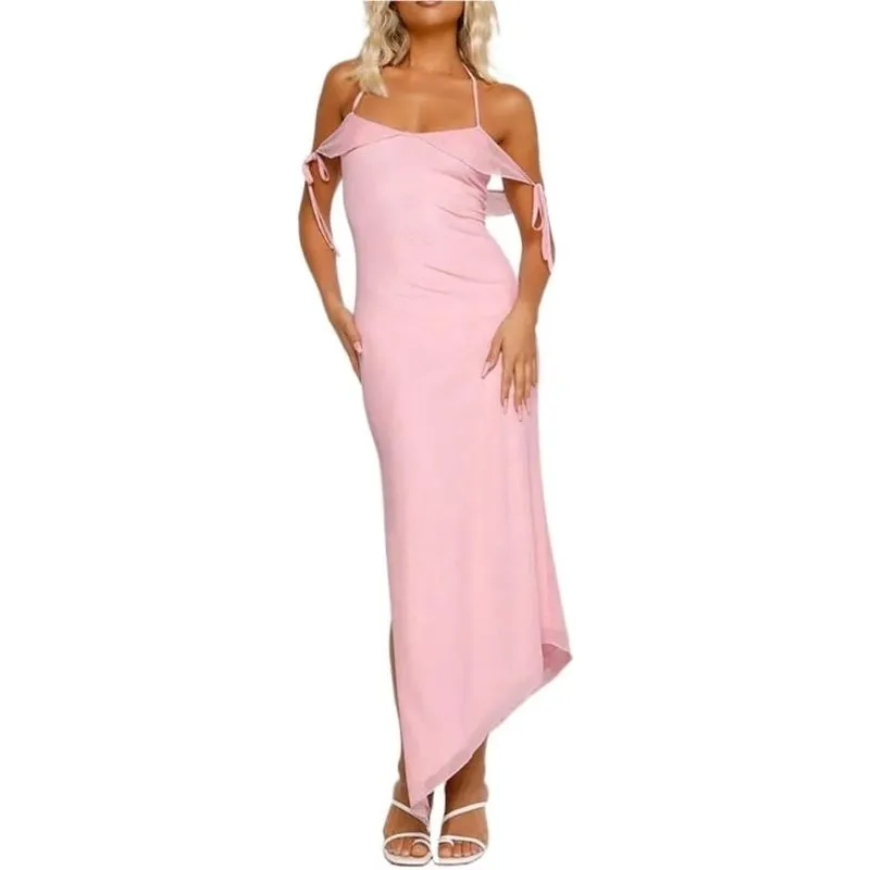 Vestido longo sem mangas para mulheres com gola alta e fenda nas costas