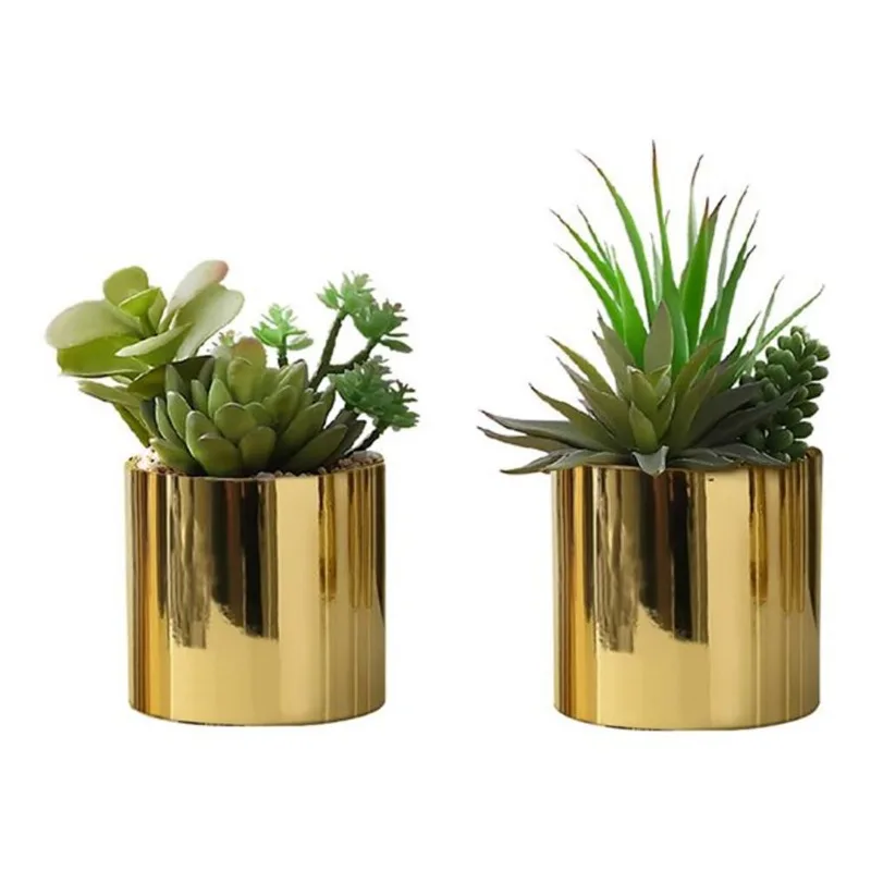 Monarch Specialties 7-in Tall Indoor Decorative Artificial Succulent Set of 2 in Glossy Gold Pots