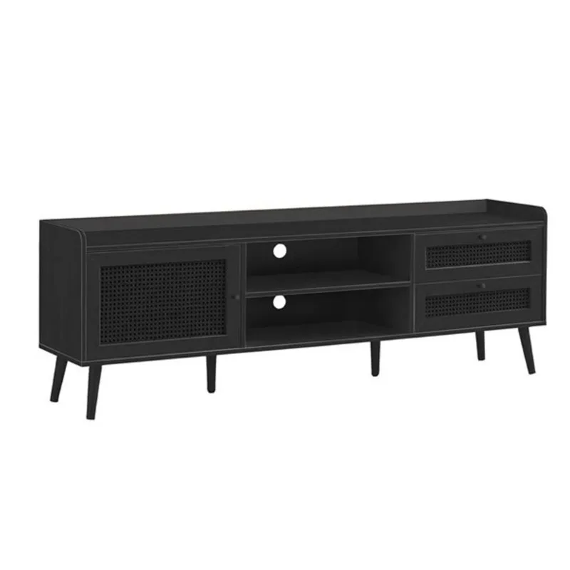 Monarch Specialties 71-in Black TV Stand with Rattan Panels and Wood Legs
