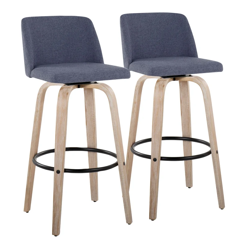 Toriano - Mid-Century Modern Fixed Height BarStool With Round Footrest (Set of 2) Blue / Fabric