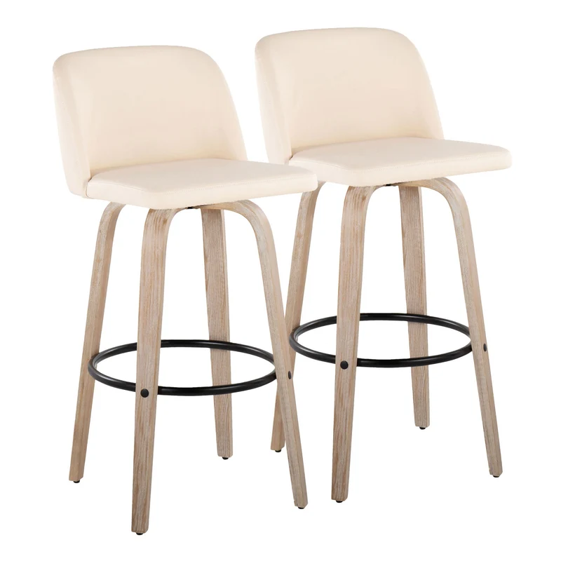 Toriano - Mid-Century Modern Fixed Height BarStool With Round Footrest (Set of 2) Beige / Faux Leather