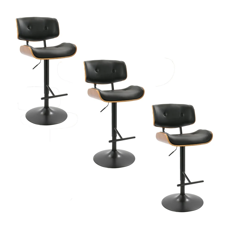 Lombardi - Mid Century Modern Adjustable Barstool With Swivel With Straight T Footrest (Set of 3) Black