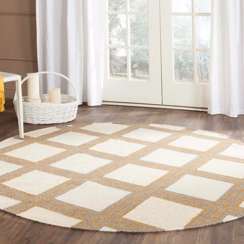 Safavieh Dhurries 109 Rug, DHU109 Ivory / Gold / 6' X 6' Round