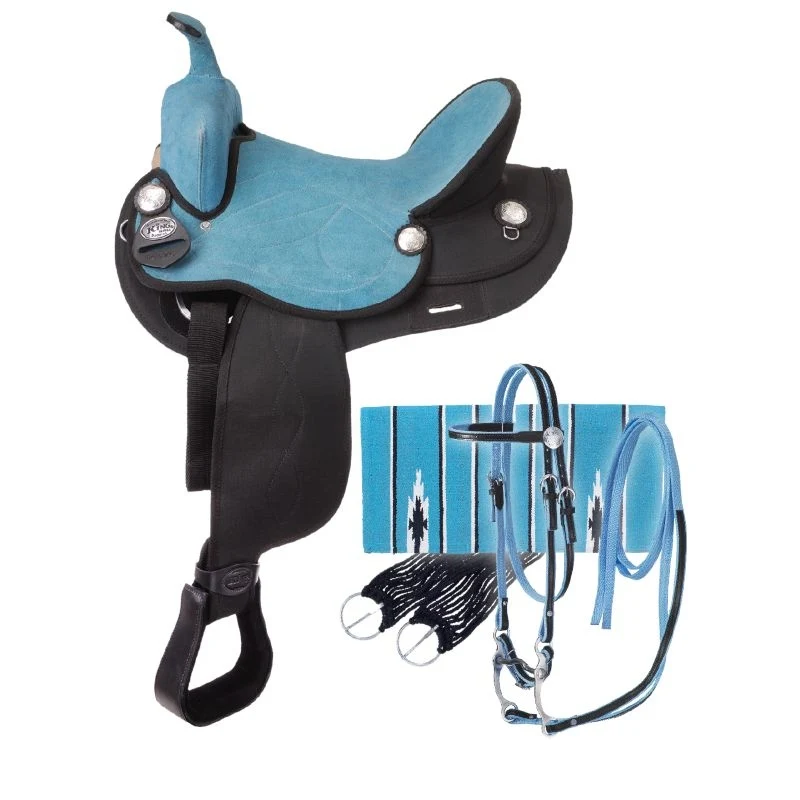 King Series Suede Seat Synthetic Trail Saddle Package Black Turquoise / 13"