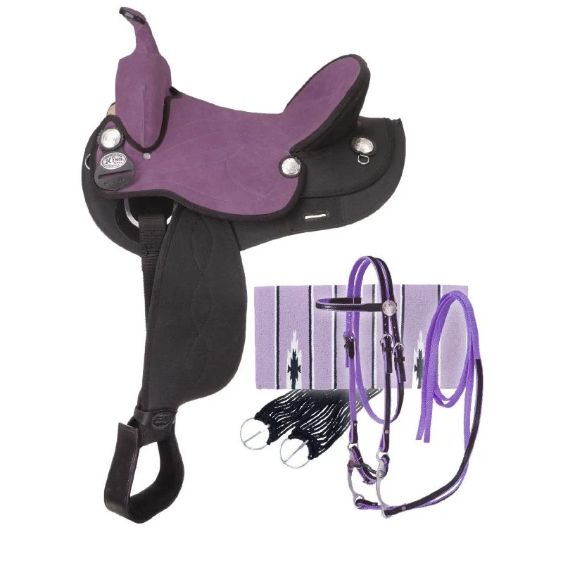 King Series Suede Seat Synthetic Trail Saddle Package Black Purple / 15"