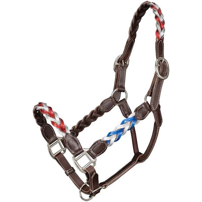 Tough1 Patriotic Braided Leather Halter Dark Oil / Horse