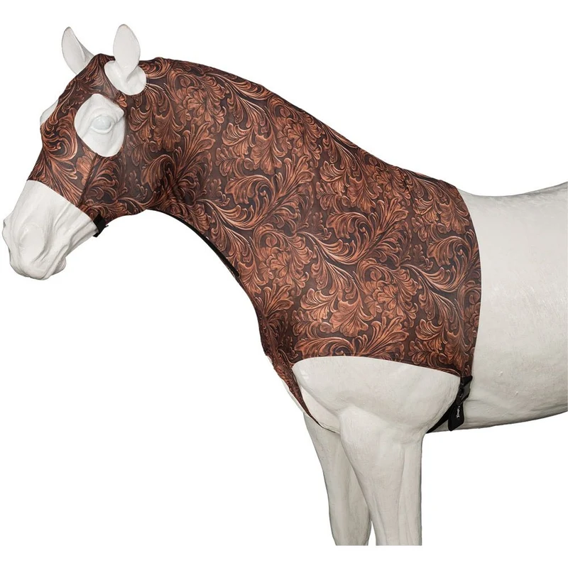 Tough1 Mane Stay Spandex Hood Brown Tooled Leather / X-Large