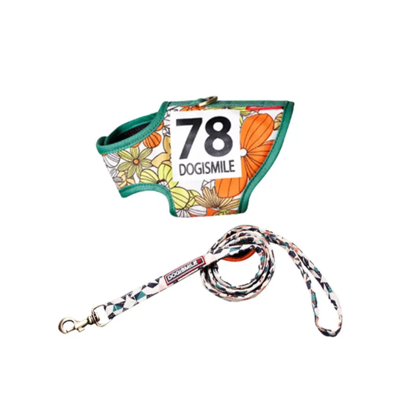 KIT PRETAL Y COLLAR PERRO DISEÑO FLORES NARANJA/VERDE MEDIUM