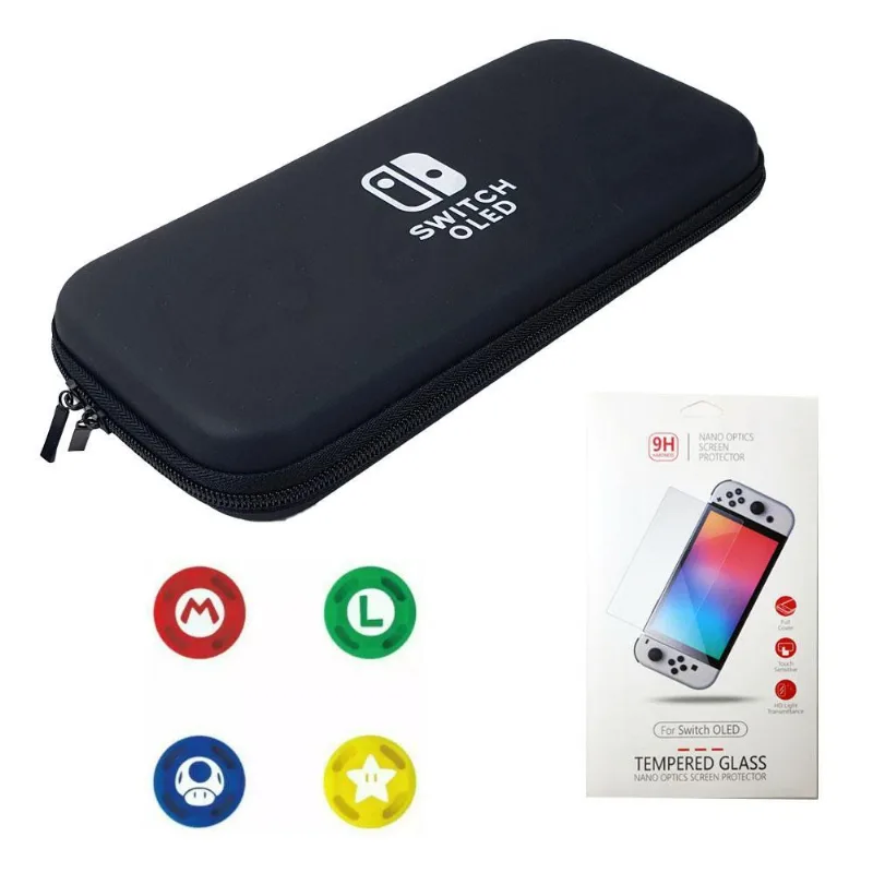 Case Nintendo Switch Oled Preto + 4 Grips + Película Vidro