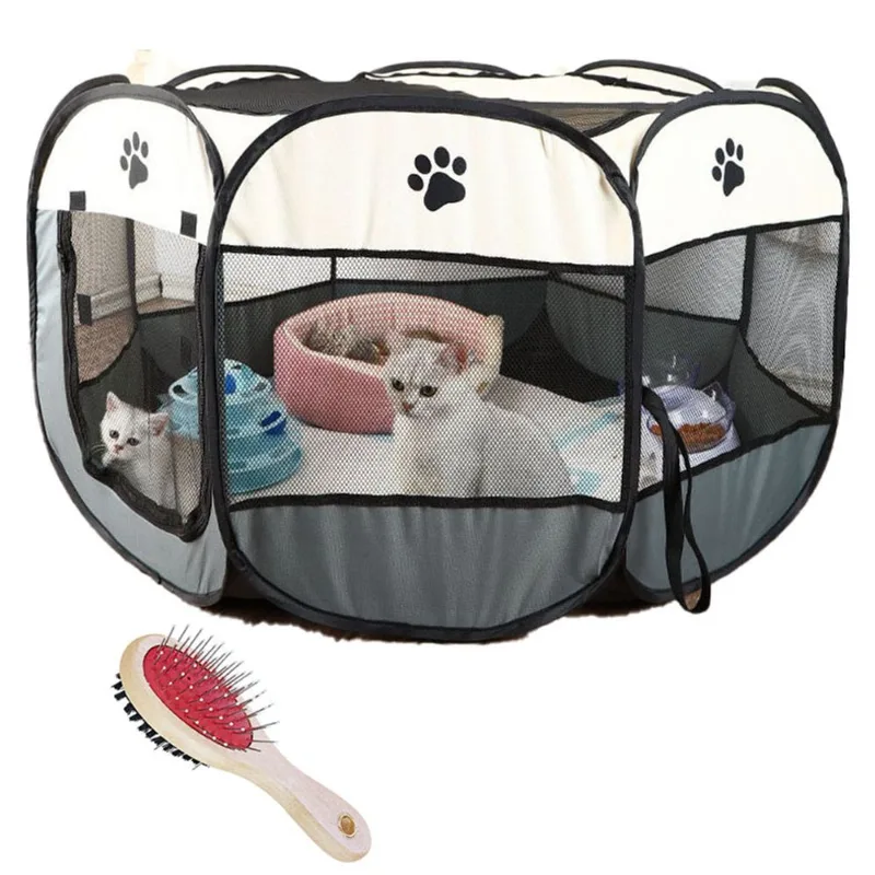 Cercado Extra Grande Cão Gato Pet Portátil Cinza + Escova