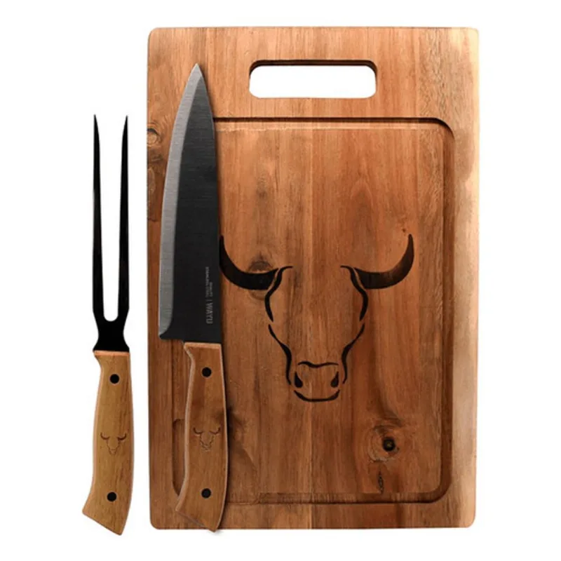 Set Cuchillo Tenedor Tabla Wayu Asado Parrilla Acero Inox