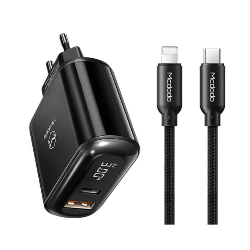 CARGADOR PARA IPHONE 20W MCDODO DOS PUERTOS DE CARGA RAPIDA CON PANEL DIGITAL USB-A y USB-C