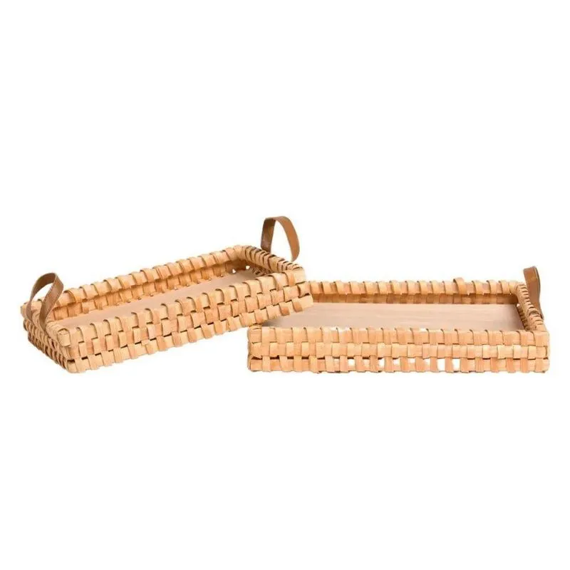 Kit Com 2 Bandejas Retangular Madeira Natural Trabalhada 35x25x6 Cm E 40x30x6 Cm