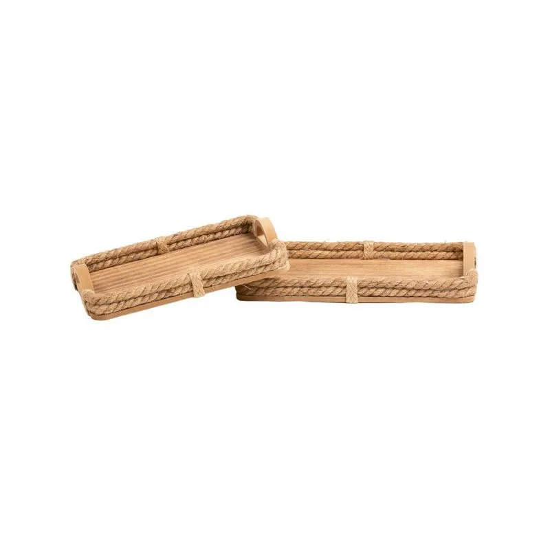 Kit 2 Bandejas Retangular Em Madeira E Corda 33x23x4cm E