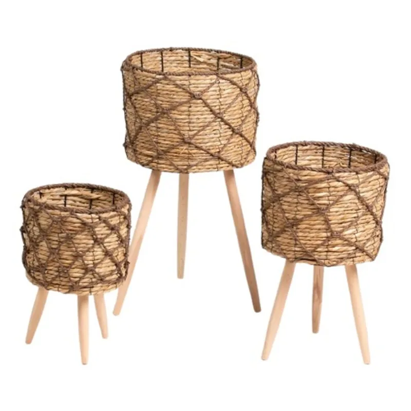 3 Vasos Decoração Rustica de Fibra Natural com Pè em Madeira