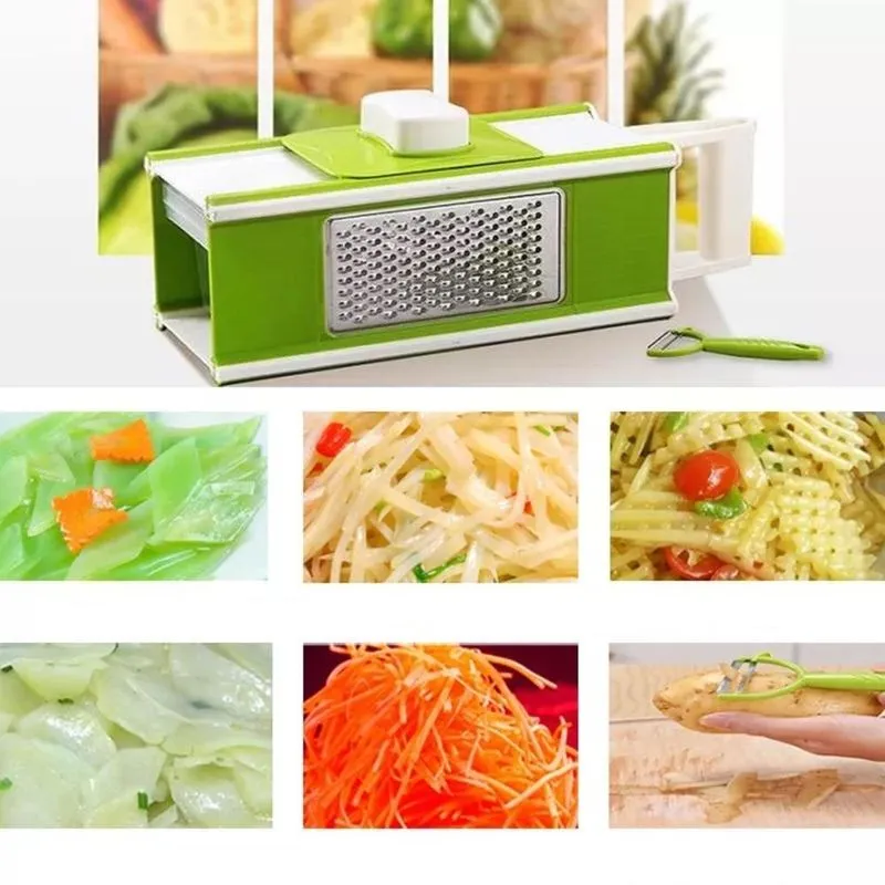 Ralador Cortador Fatiador Multiuso Inox Mandoline Com Acessorios Descascador Macarrao 6 Em 1 Recipiente