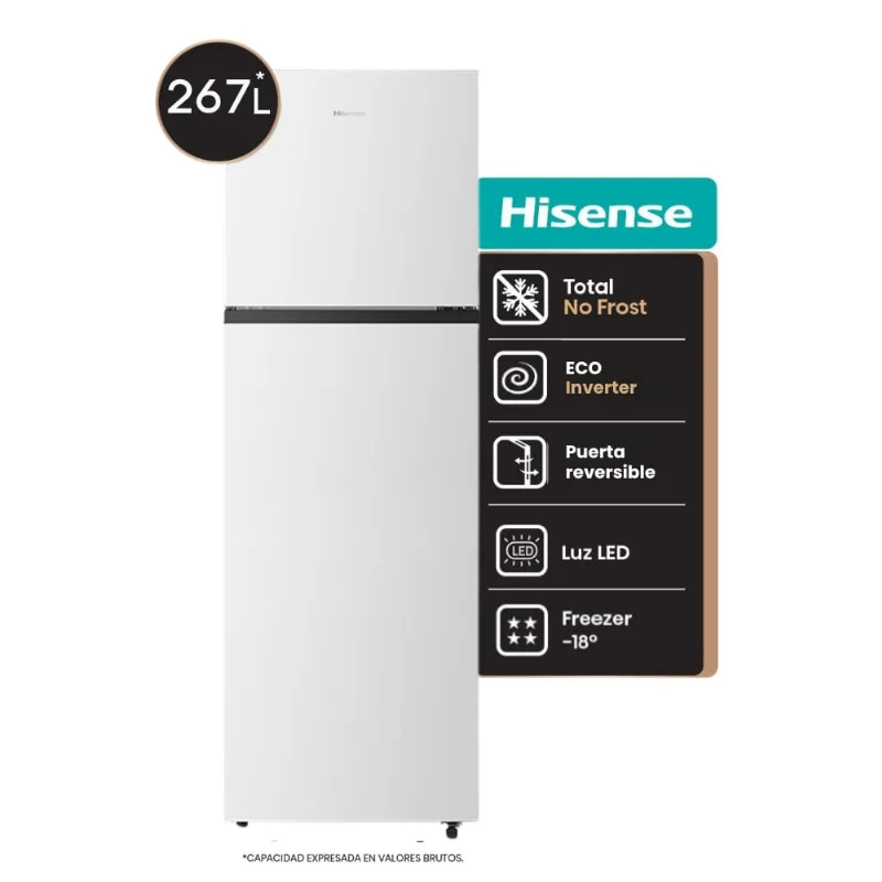 Heladera Hisense 267L Top Mount No Frost Color Blanca RT3N250NAW