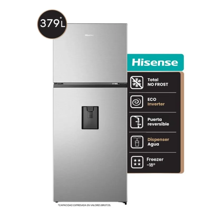 Heladera No frost Inverter Hisense con dispenser 379 lts inox 94rt3