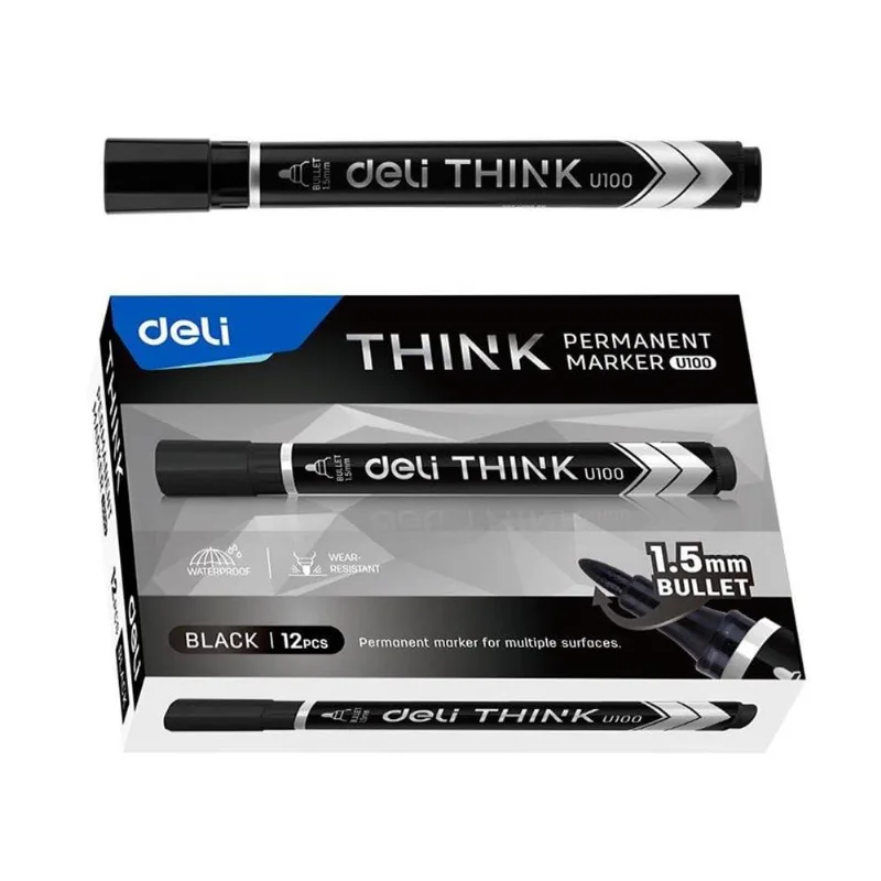 Marcador Permanente Deli Ponta Bullet 1,5mm Preto - Embalagem Com 12 Unidades