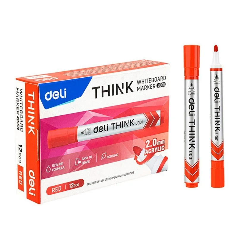 Marcador Deli Para Quadro Branco Ponta Redonda 2,0mm Vermelho - Embalagem Com 12 Unidades