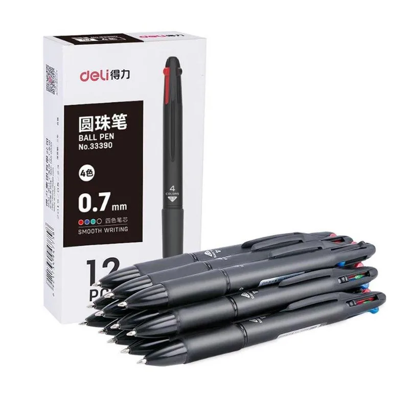 Caneta Deli 4 Cores Com Grip Ponta Bullet 0,7mm - Embalagem Com 12 Unidades