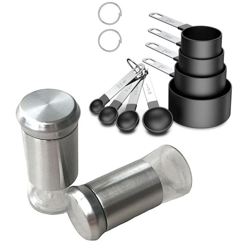 Kit Medidor Culinário Inox Preto 8Pç + 2 Porta Temperos Vidro