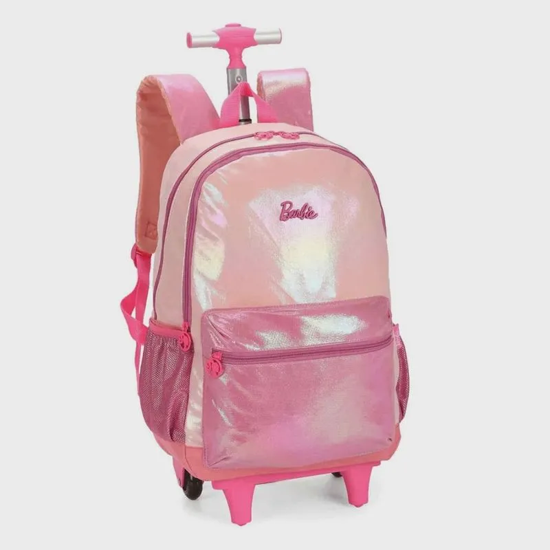 Mochila rodinha e costa Barbie Glitter Holográfico Rosa/Azul Luxcel