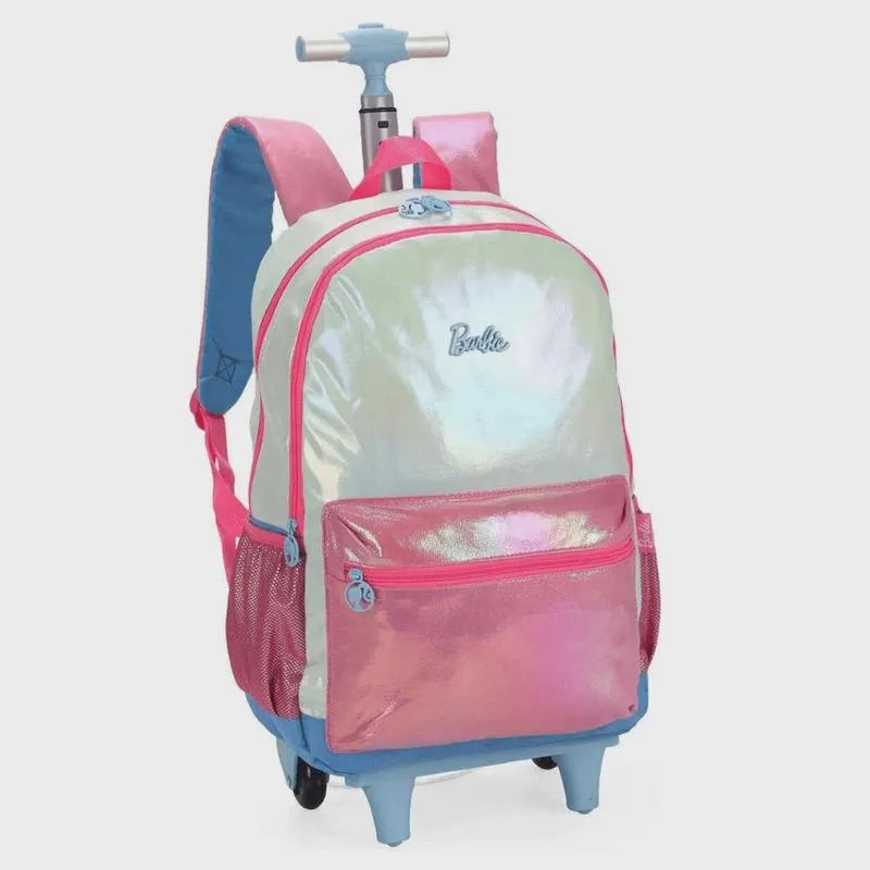 Mochila rodinha e costa Barbie Glitter Holográfico Rosa/Azul Luxcel