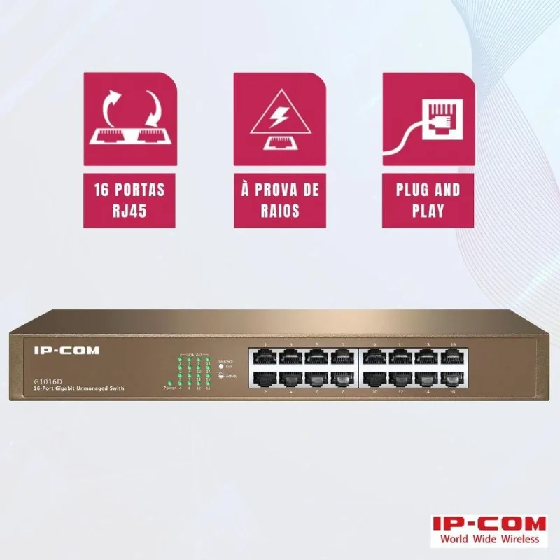 Switch 16 Portas Gigabit 10/100/1000 Mbps Desktop E Rack, Ip-com