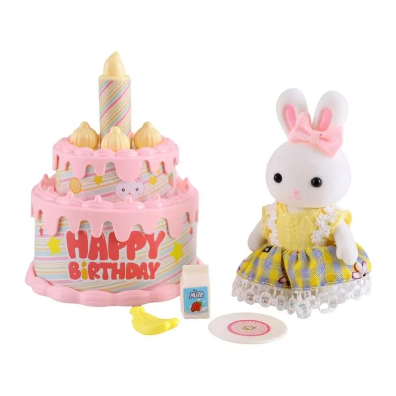 Mini Figura Infantil Lulie Kids Família Coelho Bolo de Aniversário com Acessórios