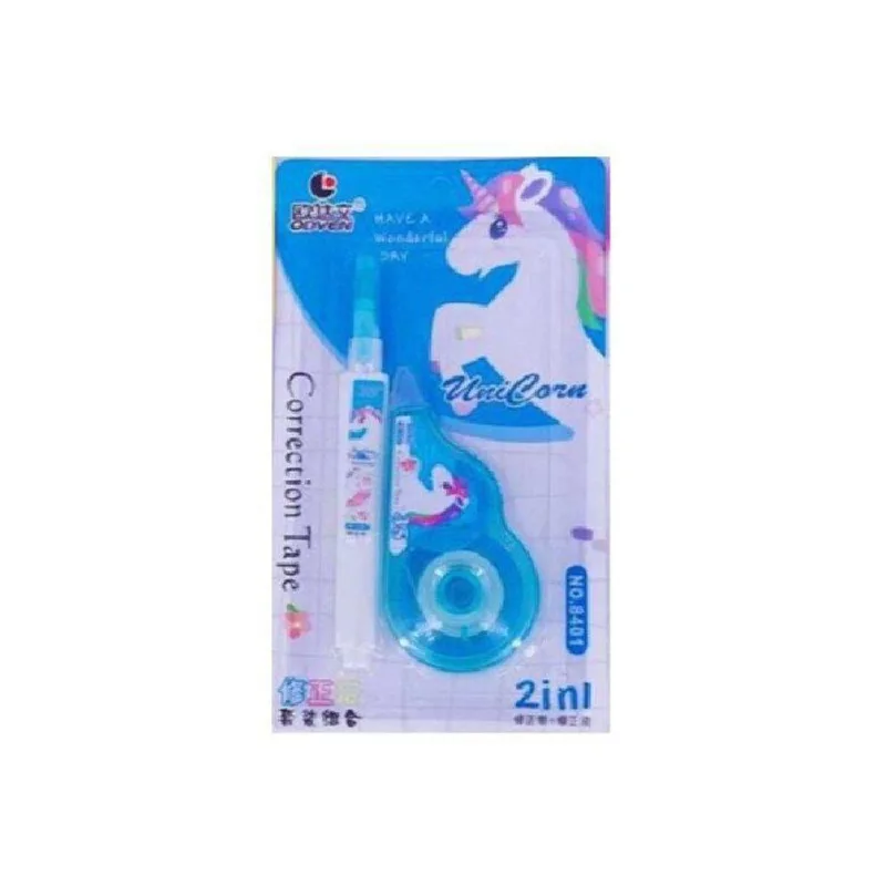 Kit Corretivo Fita E Liquido Unicórnio Azul
