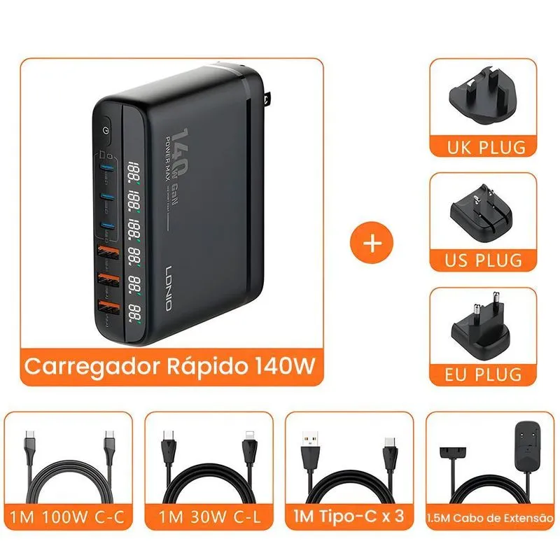 Hub De Carregamento 140W 3 Entradas Usb E 3 Entradas Usb-c