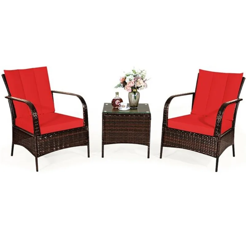 Costway Metal and Rattan Frame Patio Conversation Set with Red Cushions Included - 3-Piece