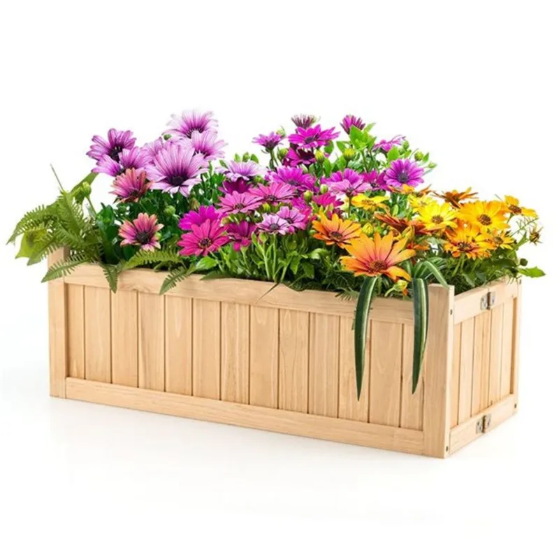 Costway Rectangle Wooden Decorative Flower Planter Box for Garden w/ Drainage - Natural
