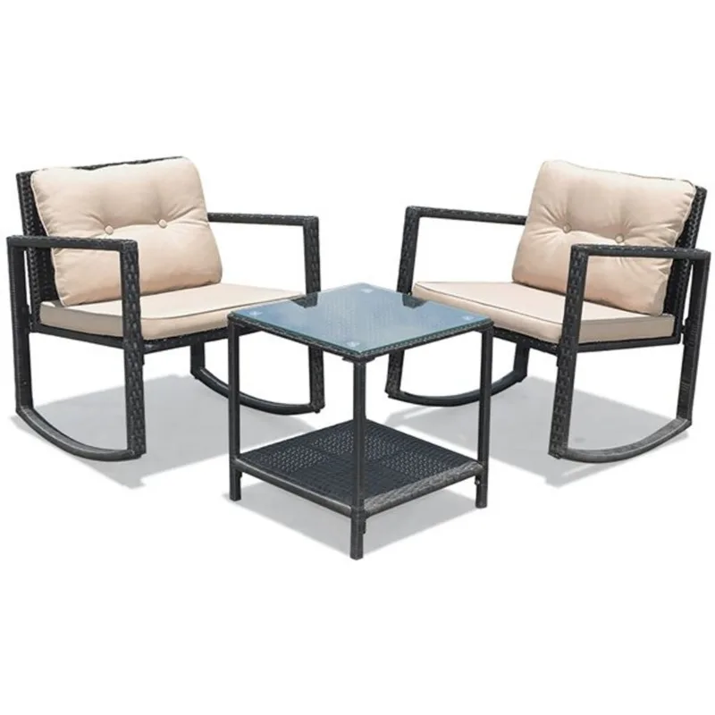 Costway Metal and Rattan Frame Patio Conversation Set with Off-White Cushions Included - 3-Piece