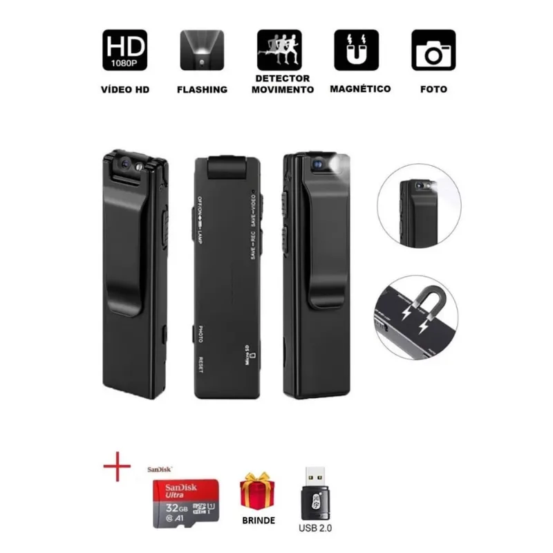 Mini Câmera Policial HD A3 1080p Sensor De Movimento USB 1100mAh Giro 90° Pronta Entrega