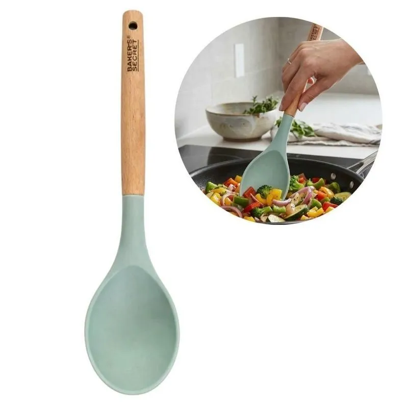 Colher Bs40621 Para Servir Em Madeira De Seringueira E Silicone Multiuso Cozinha Verde Claro