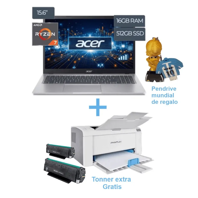 NOTEBOOK ACER ASPIRE 3 A325-42 RYZEN 7 7730U 16GB + IMPRESORA PANTUM P2509W +REGALOS