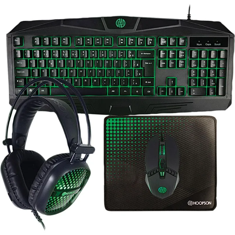 Kit Teclado Mouse Headset Hoopson 4 em 1 Kane Pro Gaming TPC-050 Preto e Verde