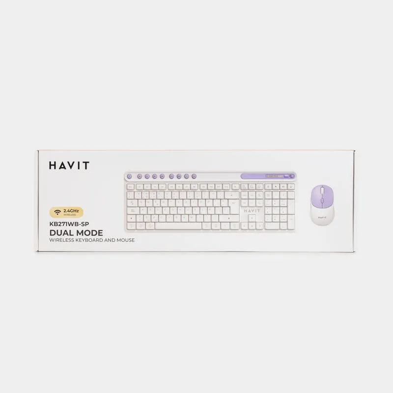 Combo inalámbrico de teclado + mouse Havit KB271WB, blanco con morado