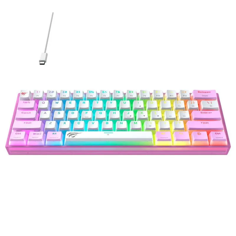Teclado Mecânico Gamer Havit Kb877l - Formato 60% - Iluminação Rgb - Switch Red - Branco E Roxo