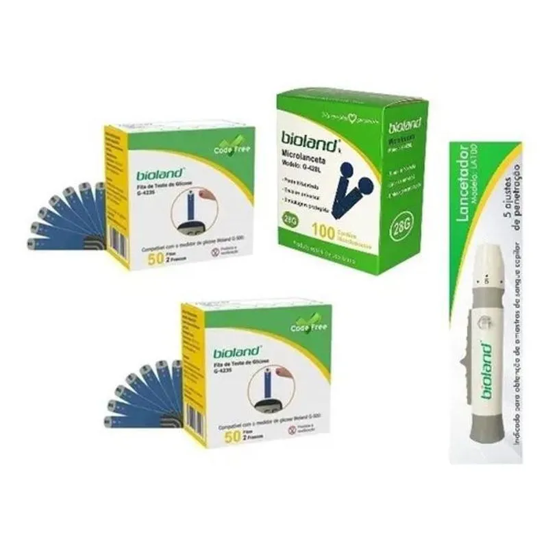 Kit 100 Fitas + 100 Microlanceta 28g + Lancetador - Bioland